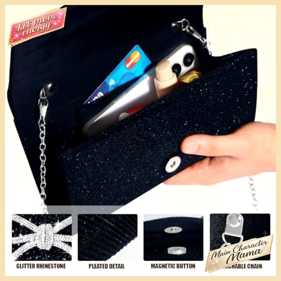 Sparkly Rhinestone Bow Evening Clutch with Detachable Chain Strap - Picture 5 of 7